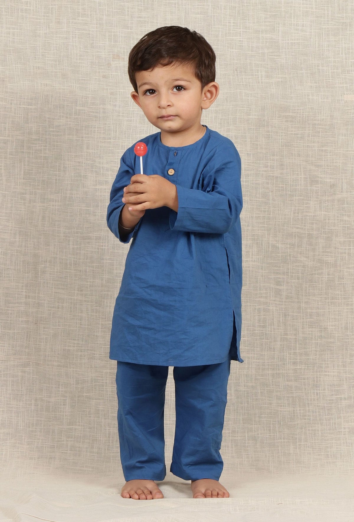 Set of 3: Duke Blue Cotton Kurta, Pyjama & Black Kalamkari Nehru Jacket サイズ 3〜6か月