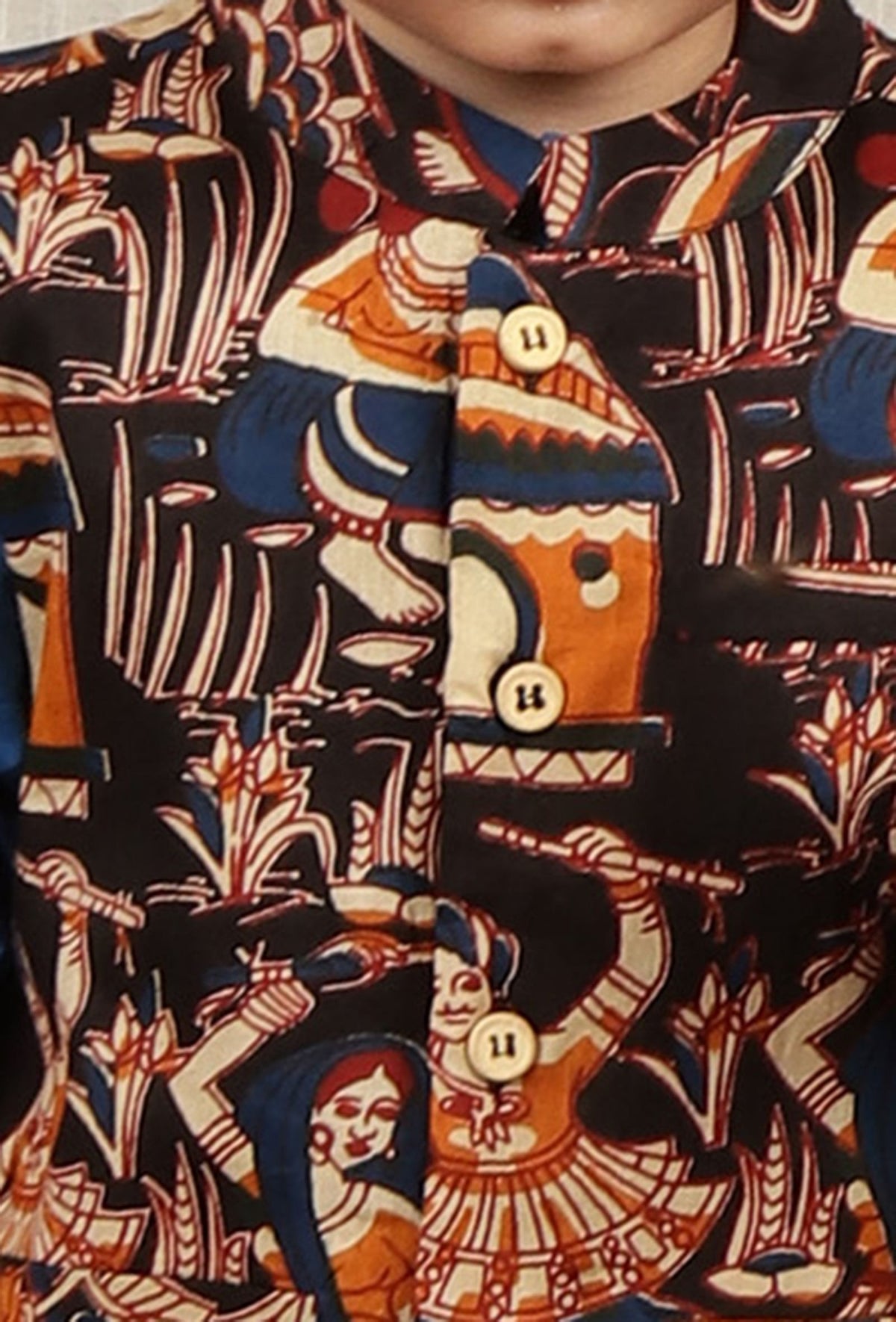 Set of 3: Duke Blue Cotton Kurta, Pyjama & Black Kalamkari Nehru Jacket サイズ 0〜3か月