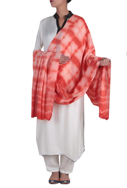 White & Coral Clamp Dyed Pure Wool Shawl