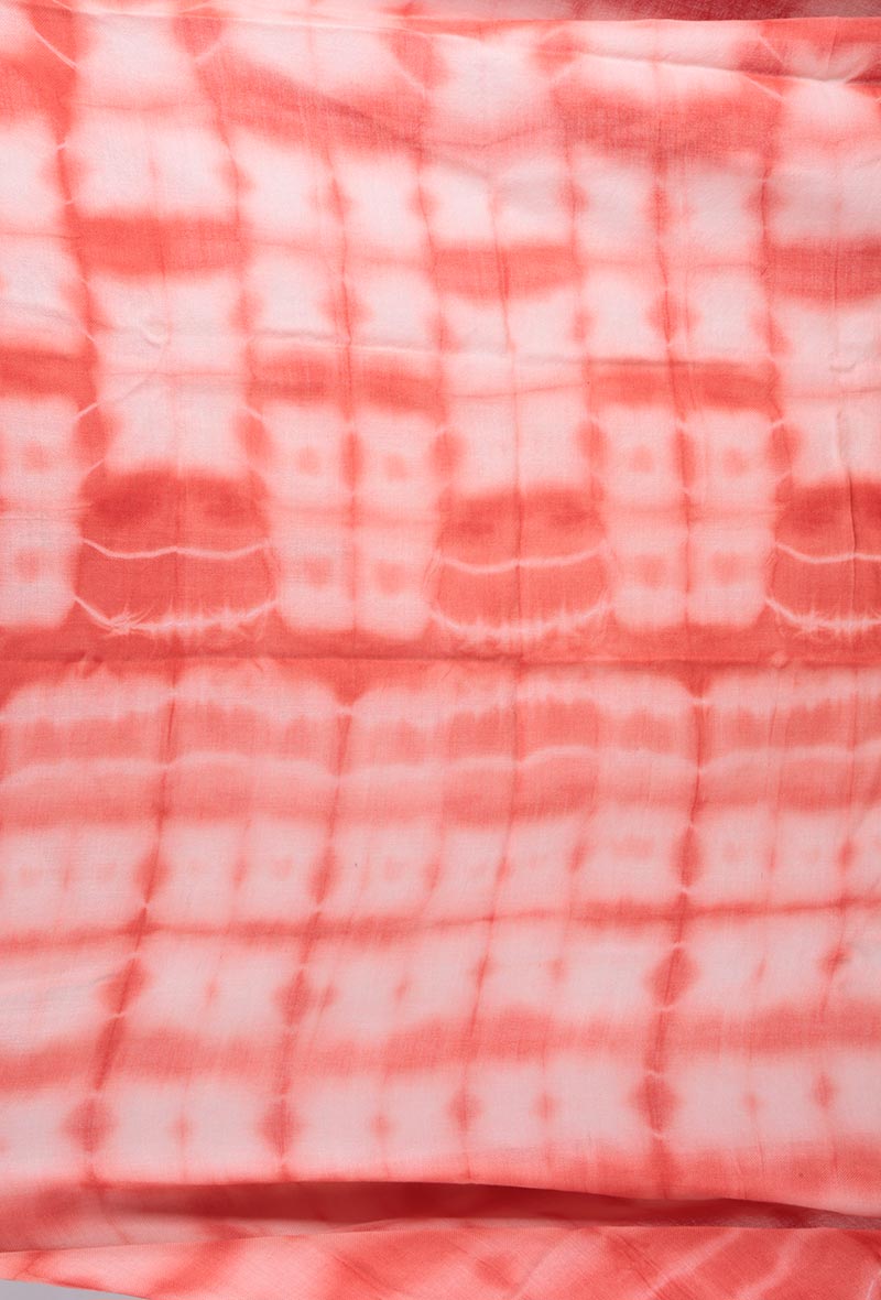 White & Coral Clamp Dyed Pure Wool Shawl