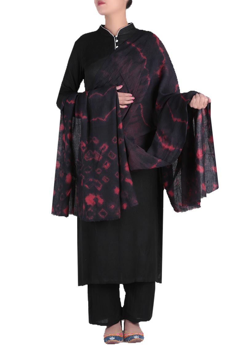 Black & Red Clamp Dyed Pure Wool Shawl