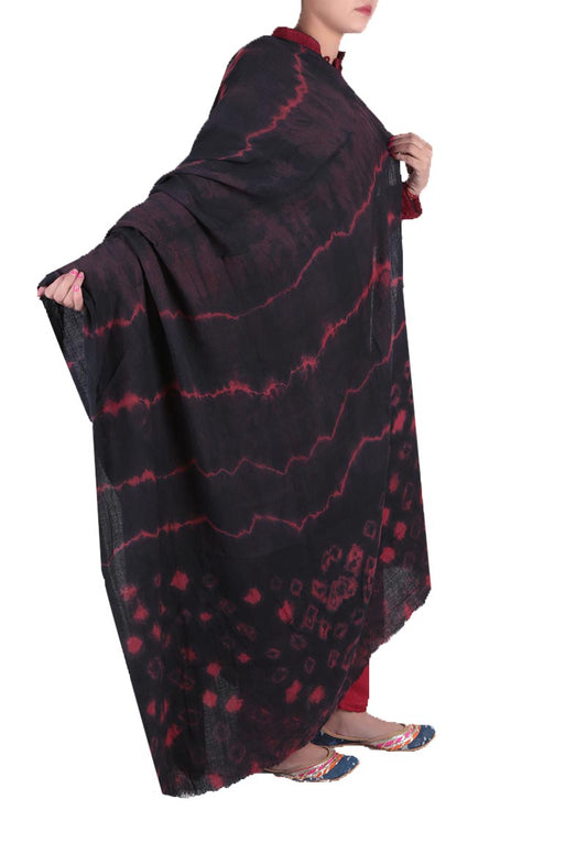 Black & Red Clamp Dyed Pure Wool Shawl