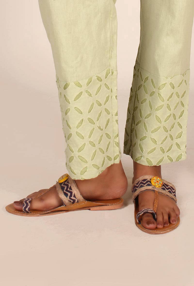 Pistachio Green Cotton Applique Palazzos サイズ XS