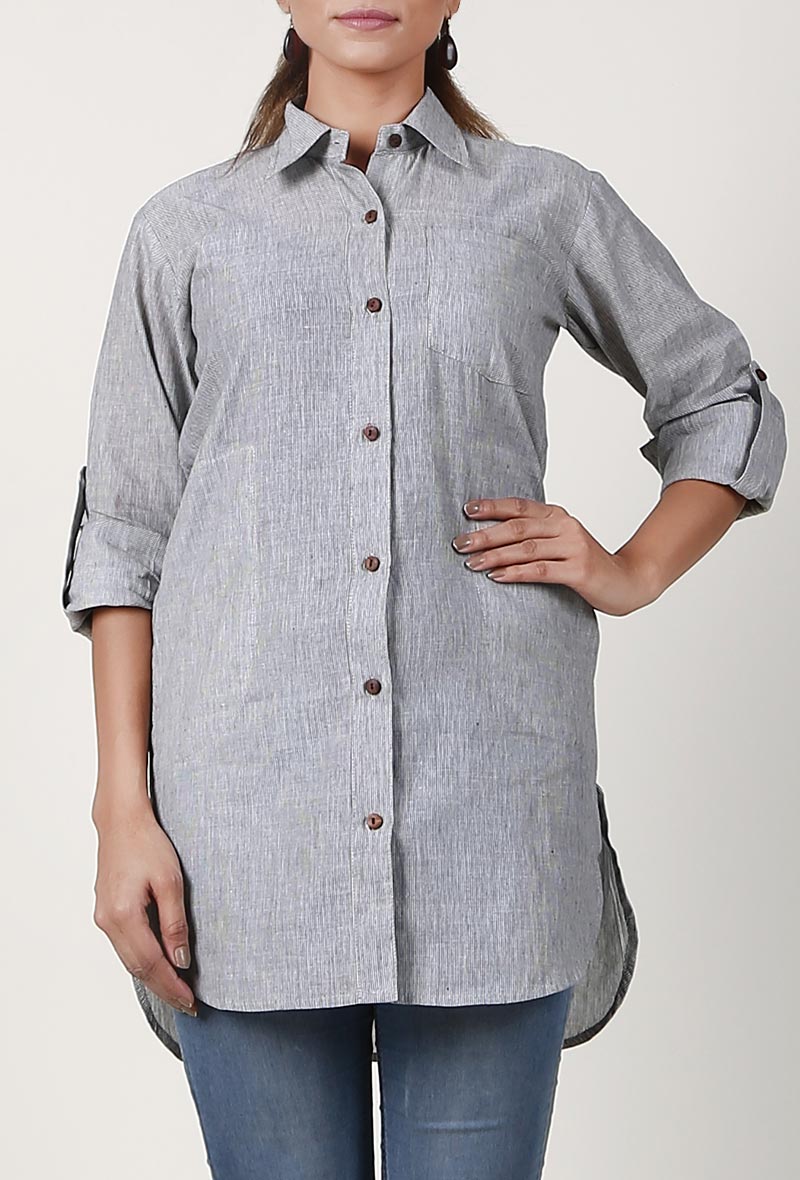 Light Grey Handloom Cotton Asymmetrical Shirt サイズ M