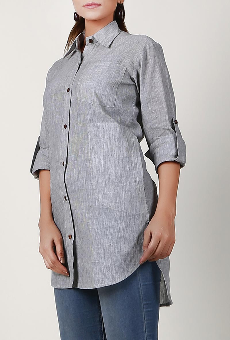 Light Grey Handloom Cotton Asymmetrical Shirt サイズ M
