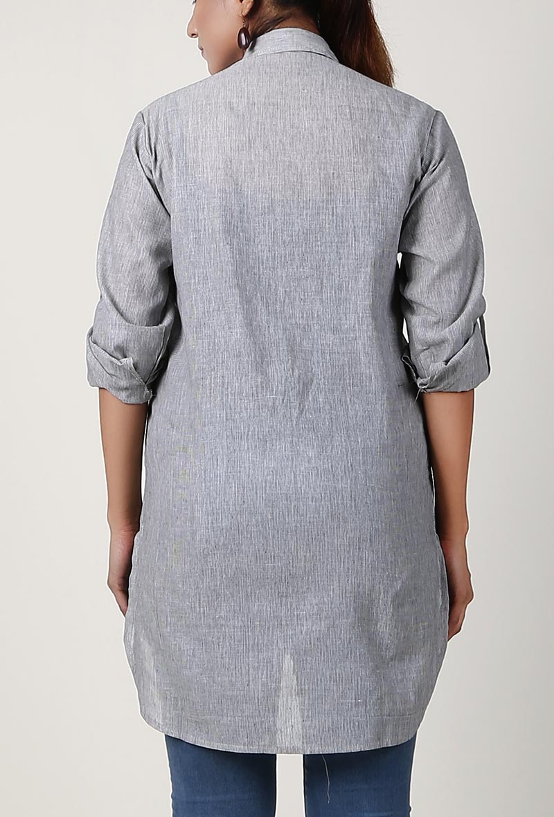 Light Grey Handloom Cotton Asymmetrical Shirt サイズ M