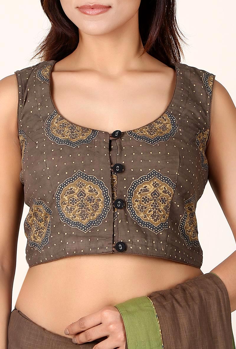 Khaki Green Ajrakh Cotton Blouse サイズ L