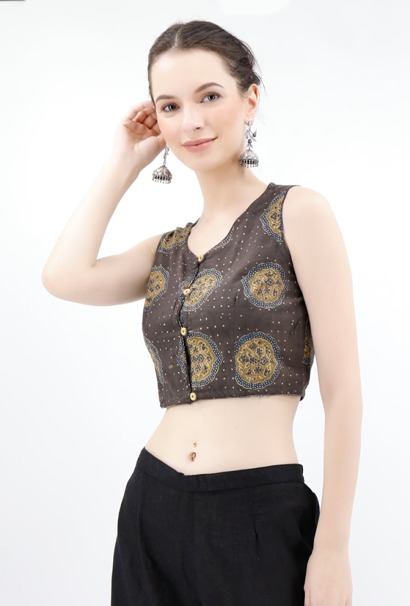 Khaki Green Ajrakh Cotton Blouse サイズ XXXL