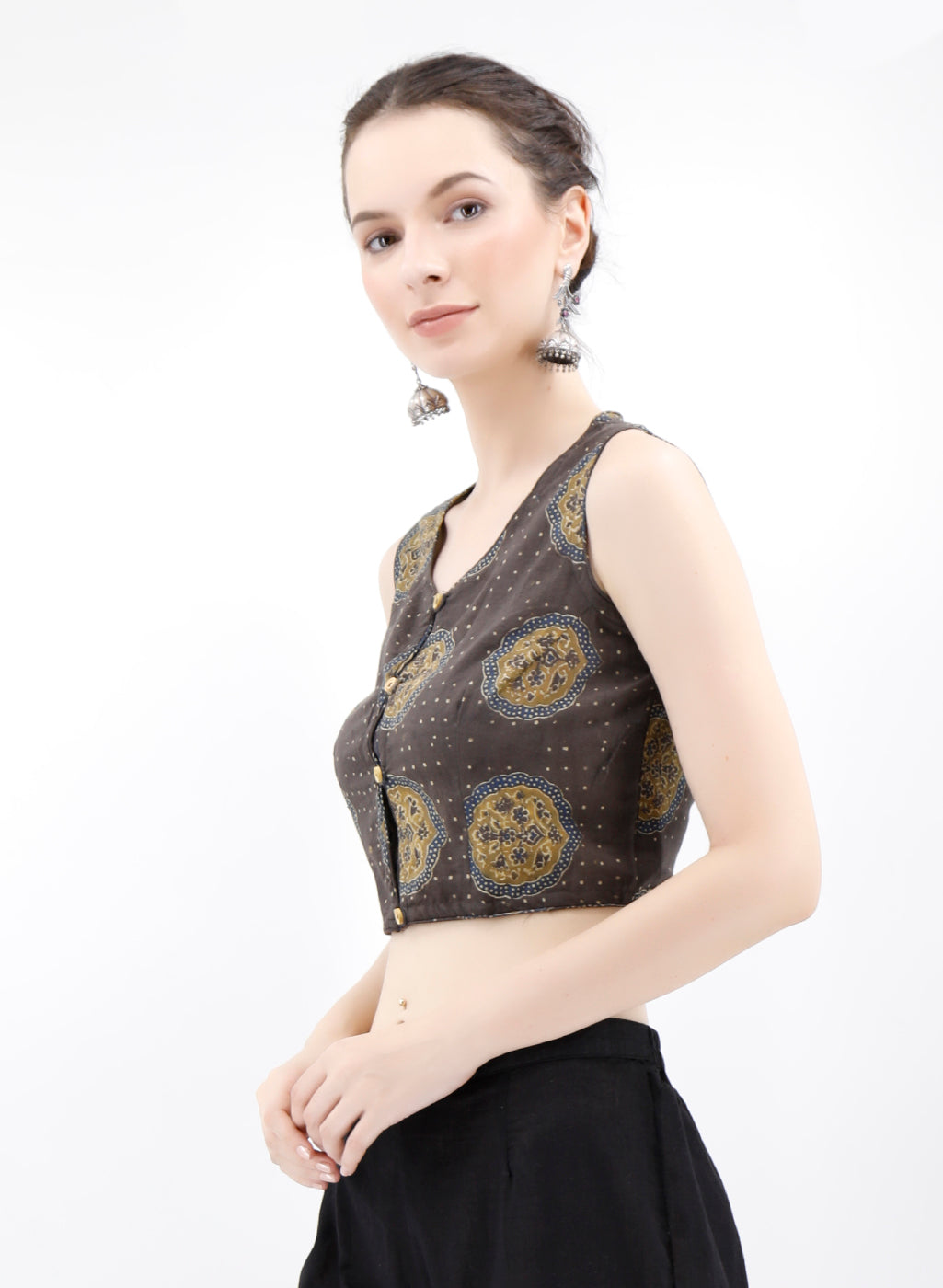 Khaki Green Ajrakh Cotton Blouse サイズ L