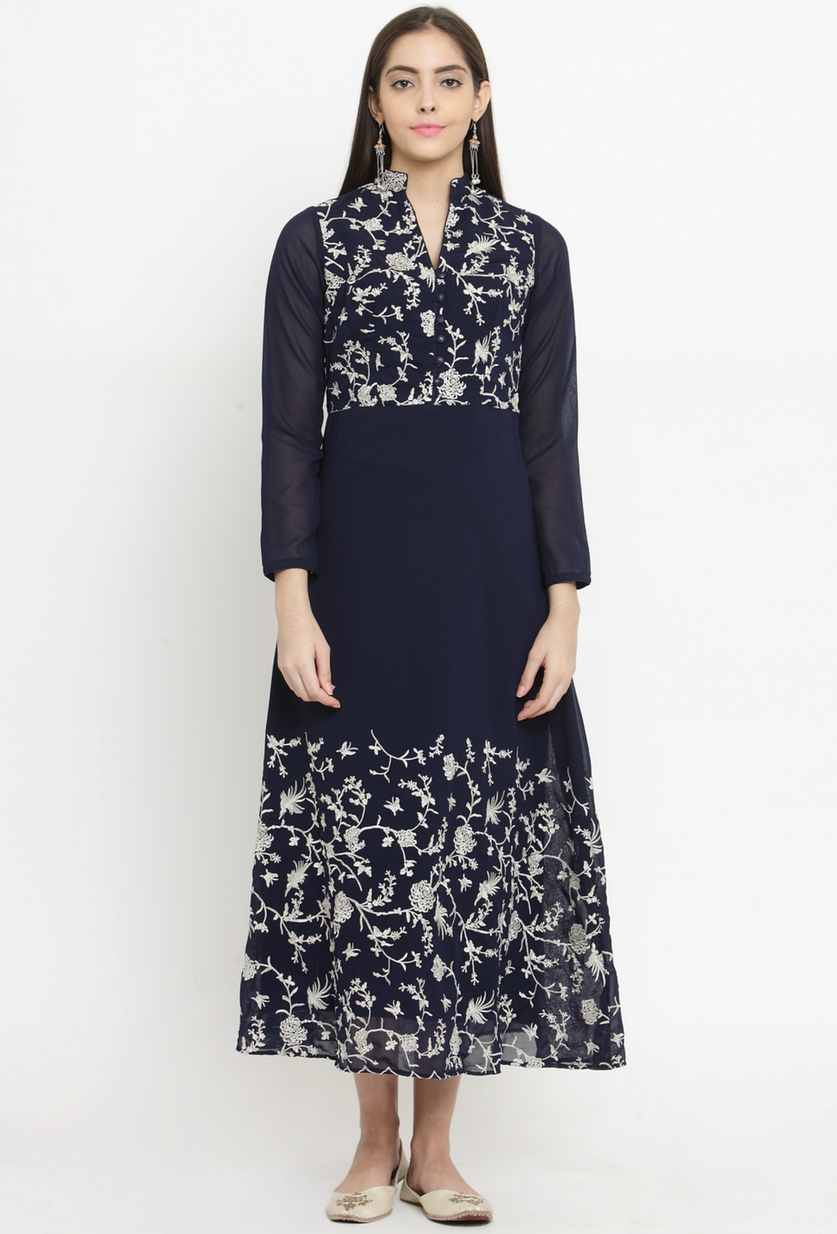 Navy Blue A-Line Dress With Parsi Embroidery サイズ S