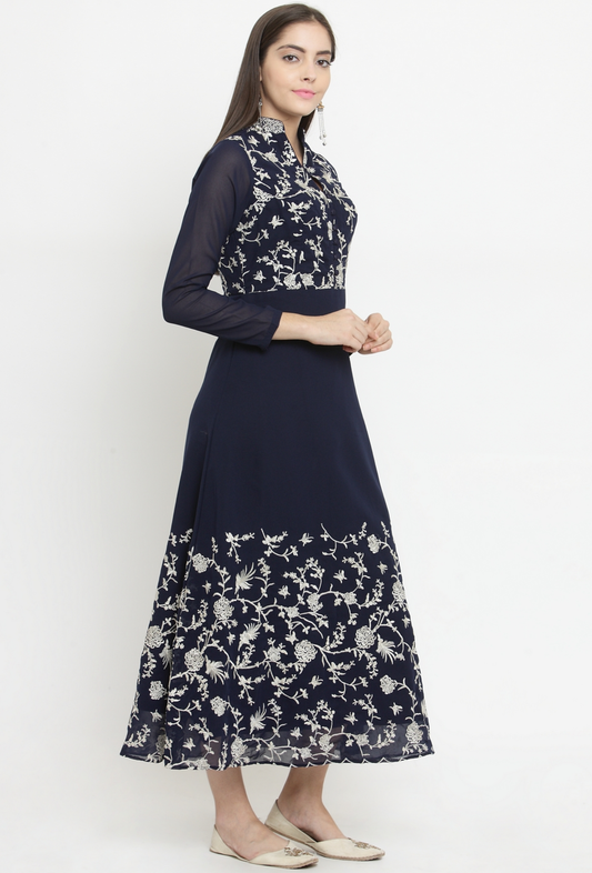 Navy Blue A-Line Dress With Parsi Embroidery サイズ S