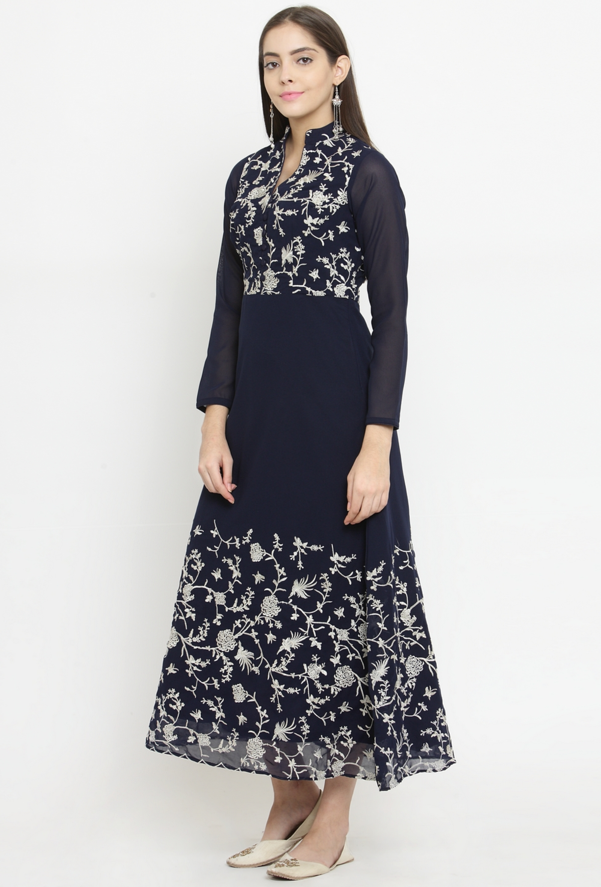 Navy Blue A-Line Dress With Parsi Embroidery サイズ S