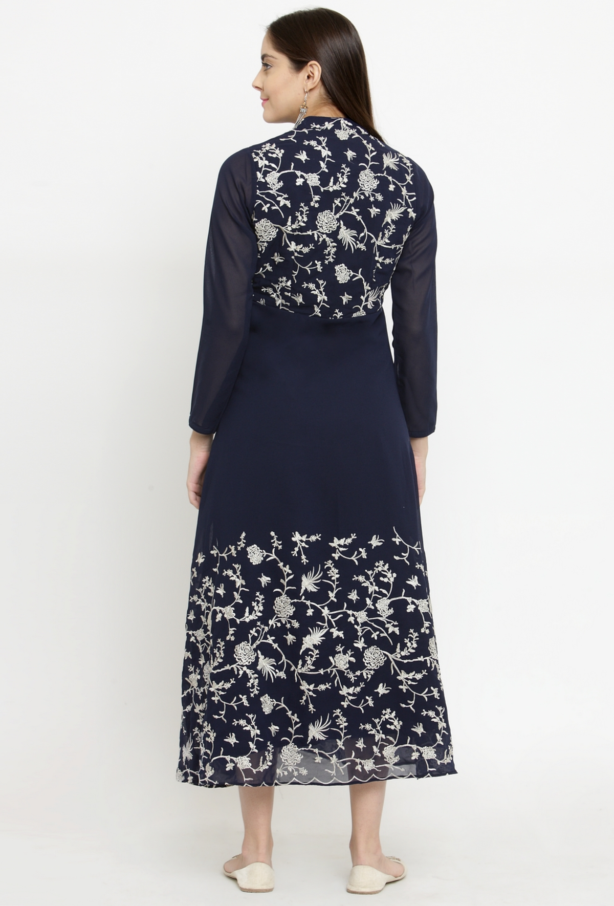 Navy Blue A-Line Dress With Parsi Embroidery サイズ S