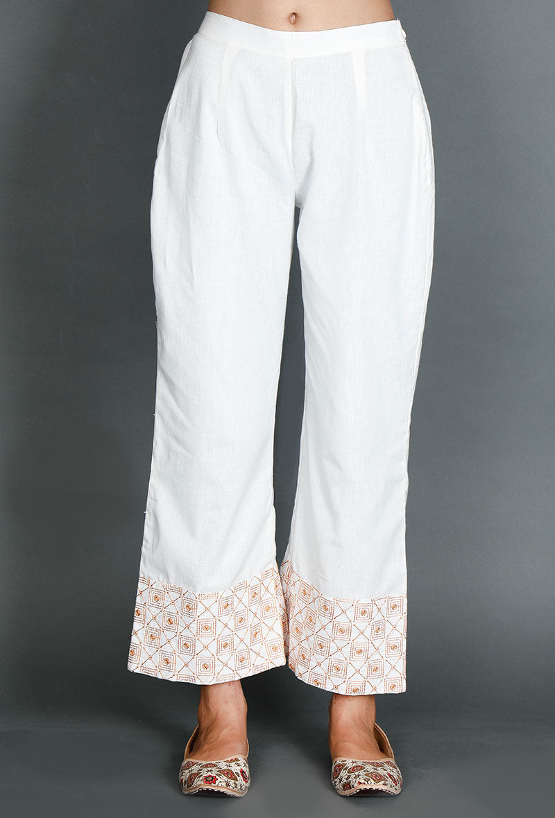 White Palazzos With Mustard Kantha Embroidery サイズ M
