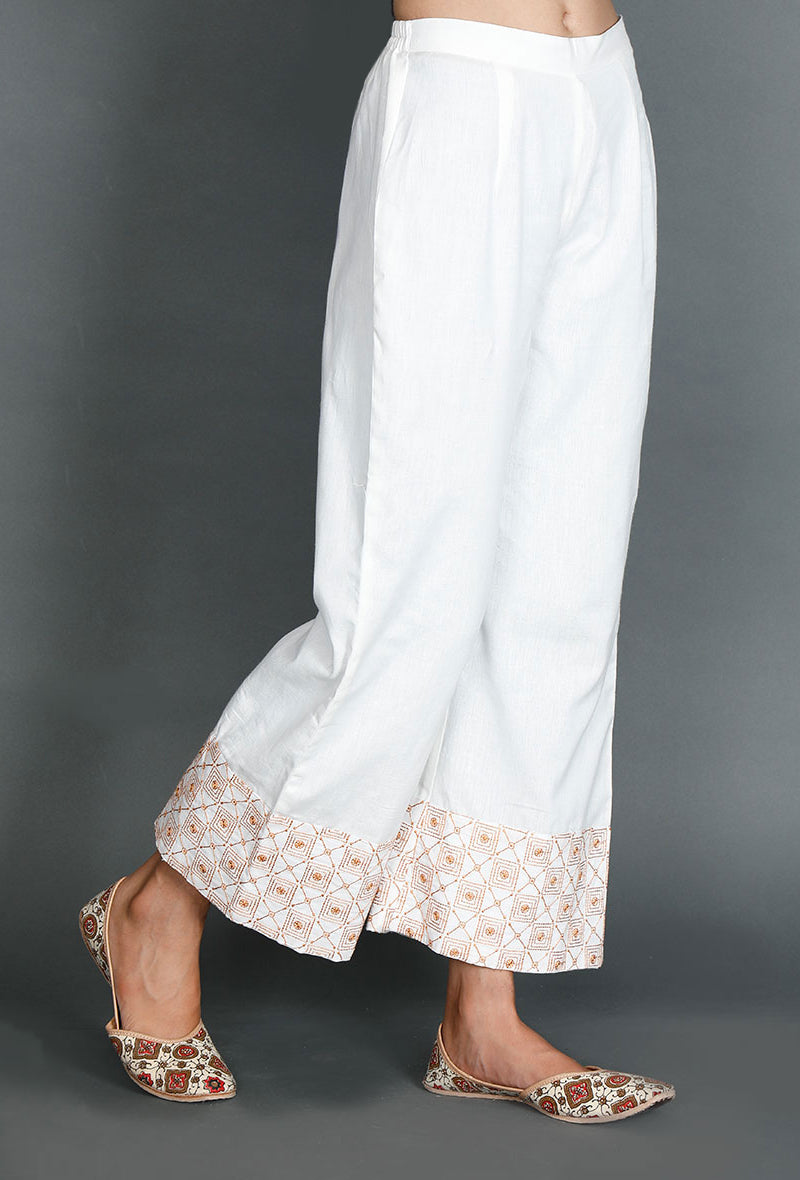 White Palazzos With Mustard Kantha Embroidery サイズ M