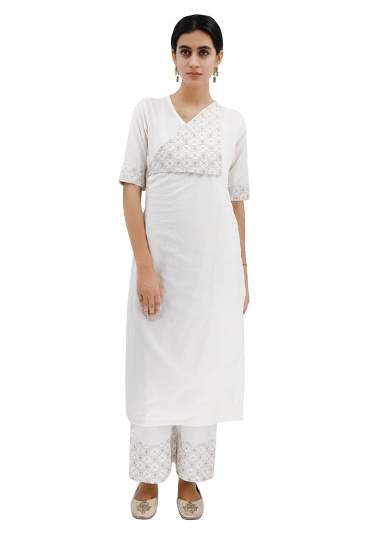 White Cotton Kurta With Off-White Kantha Embroidery サイズ S