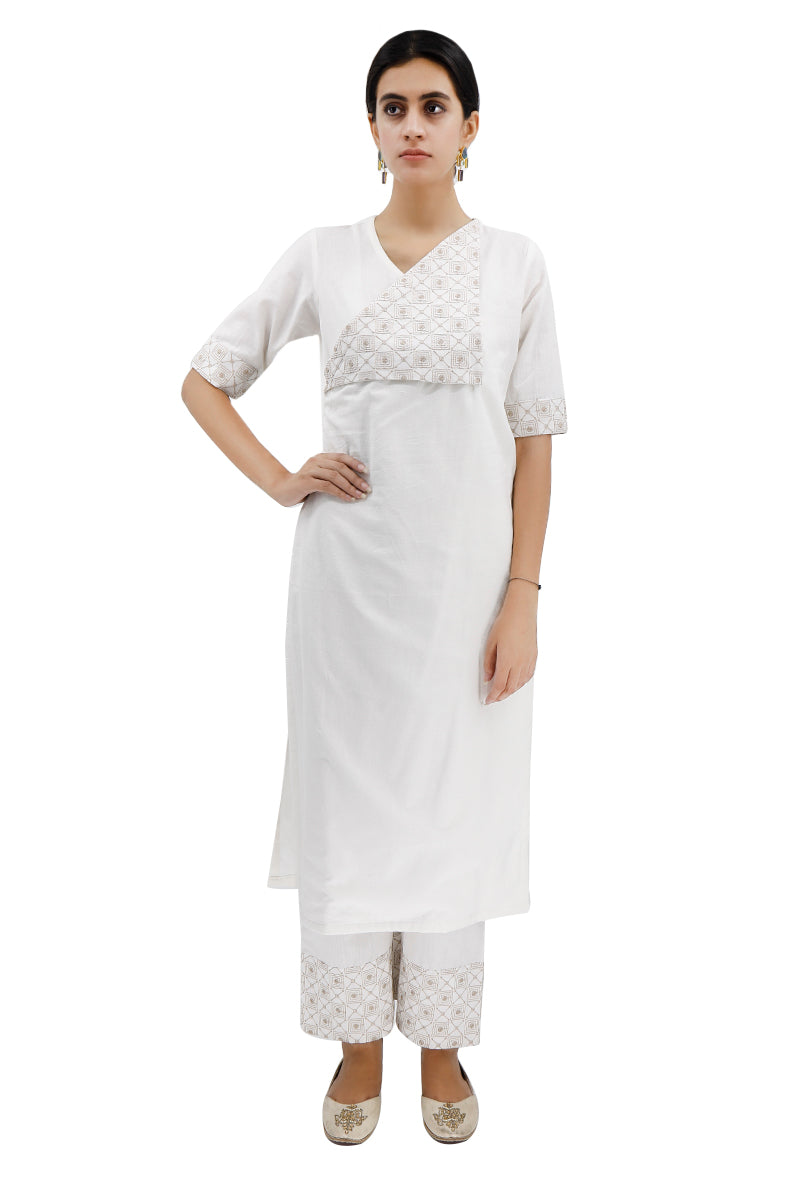 White Cotton Kurta With Off-White Kantha Embroidery サイズ S