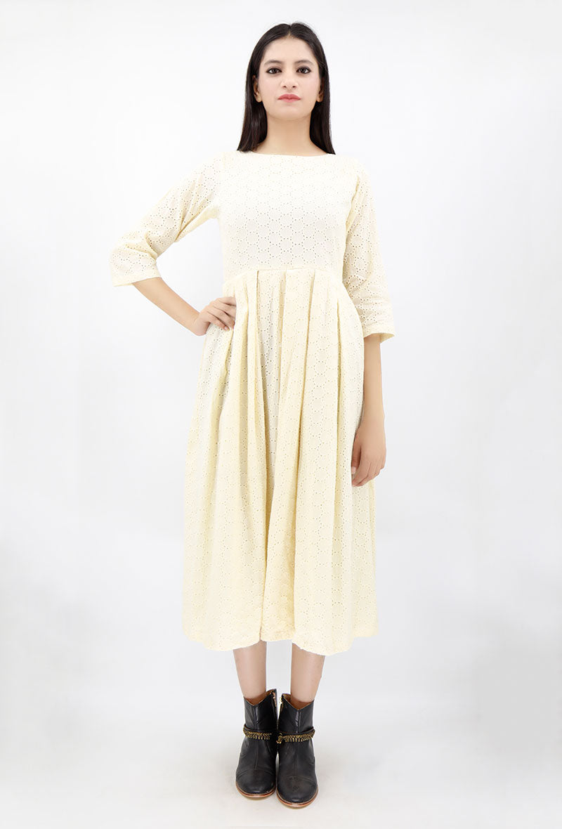 Off White Schiffli Cotton Mid-Calf Length Dress サイズ S
