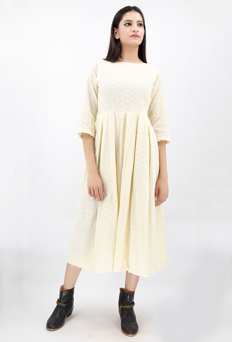 Off White Schiffli Cotton Mid-Calf Length Dress サイズ S