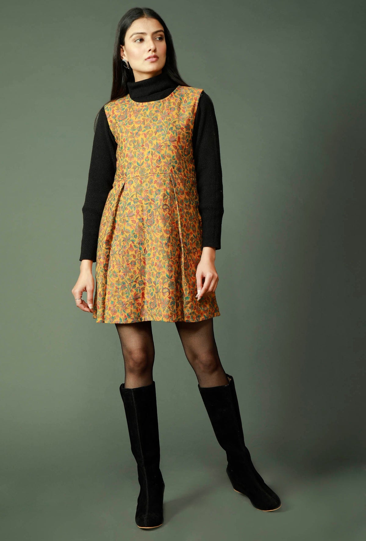 Mustard Pure Wool Kani Woven Dress With Kashmiri Pattern サイズ M