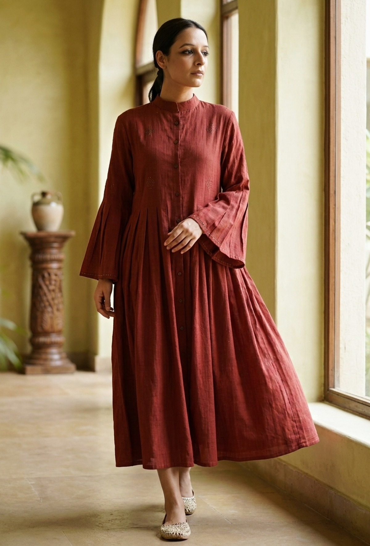 Gerua Box Pleated Cotton Slub Dress サイズ M