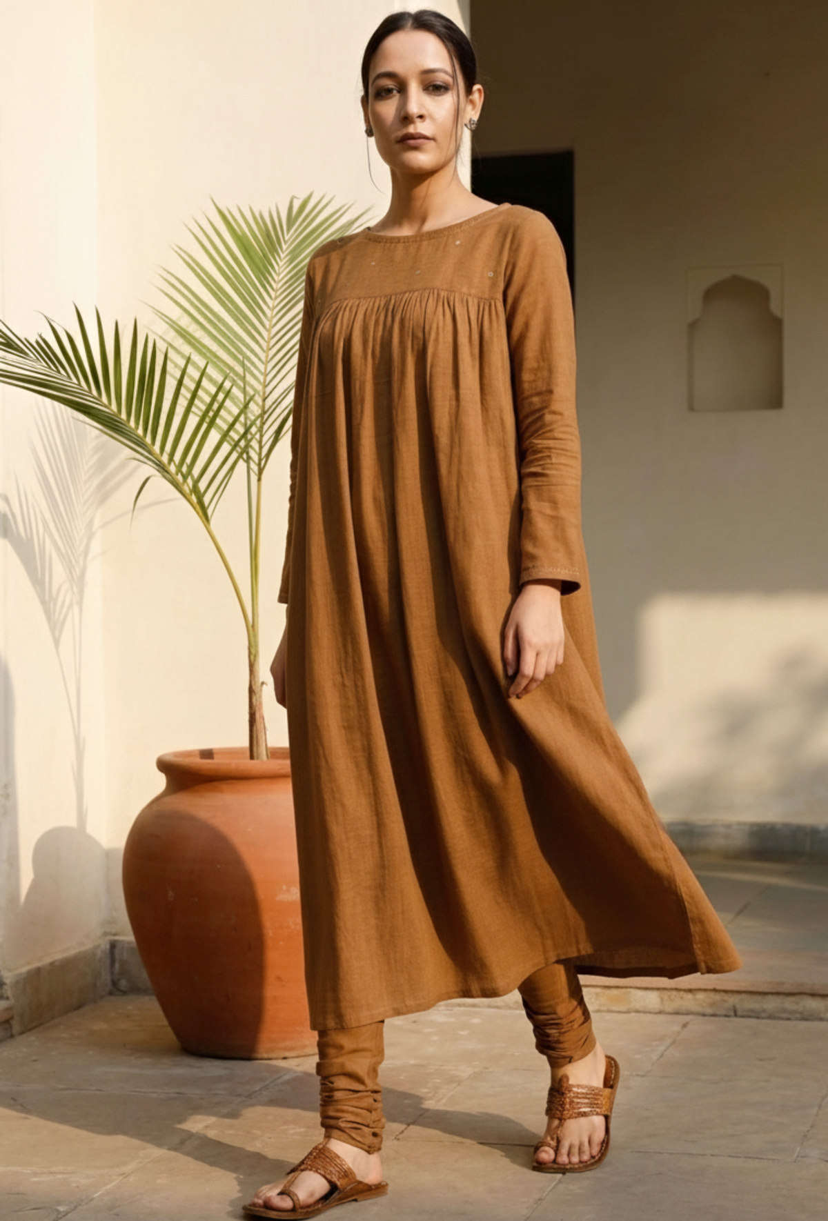 Khaki Cotton Slub Gathered Kurta サイズ S