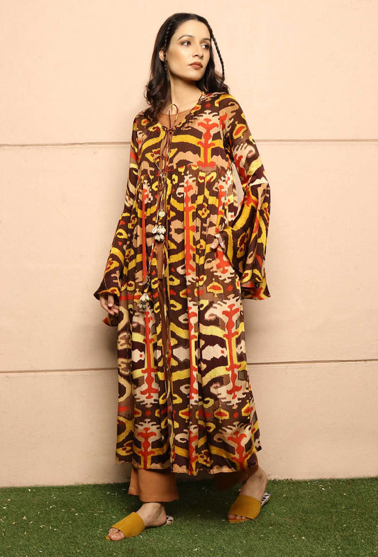 Mustard And Brown Uzbeki Ikat Printed Modal Silk Long Cape サイズ XS