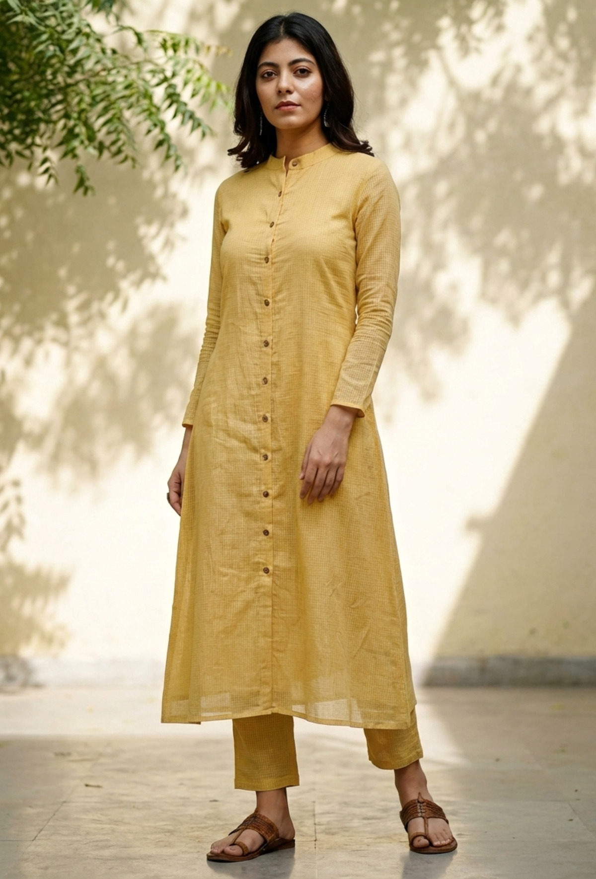 Yellow Kota Doria Cotton Kurta サイズ M