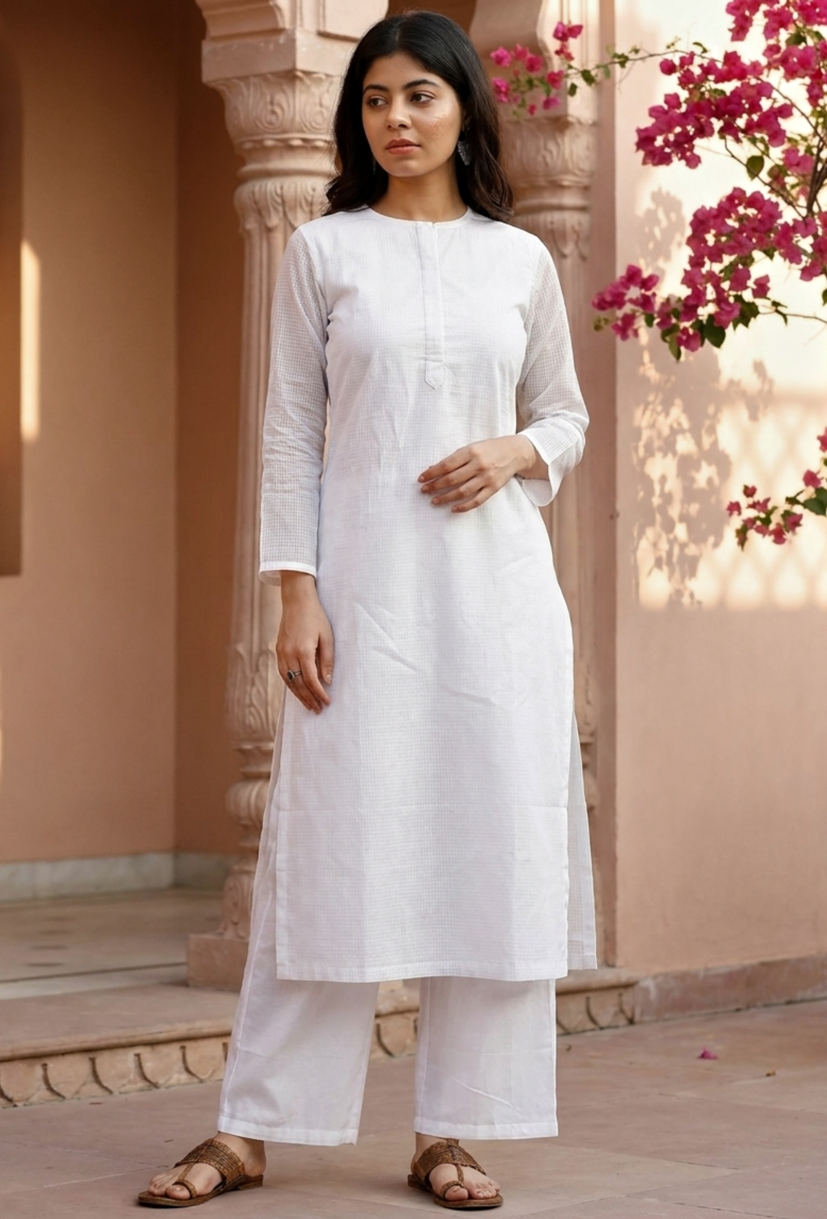 White Kota Doria Cotton Kurta サイズ XXL