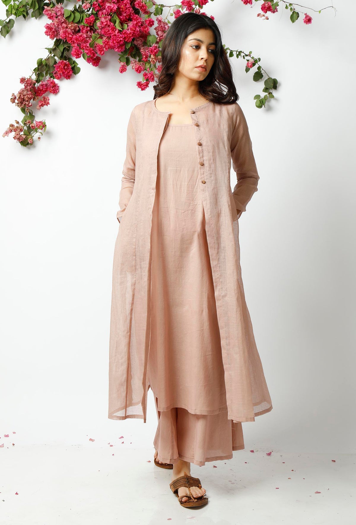 Set of 3: Light Beige Kota Doriya Overlay with Slip and Cotton Palazzo サイズ XXXL