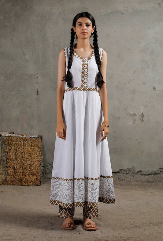 Brown and White Long Cotton Kurta サイズ S