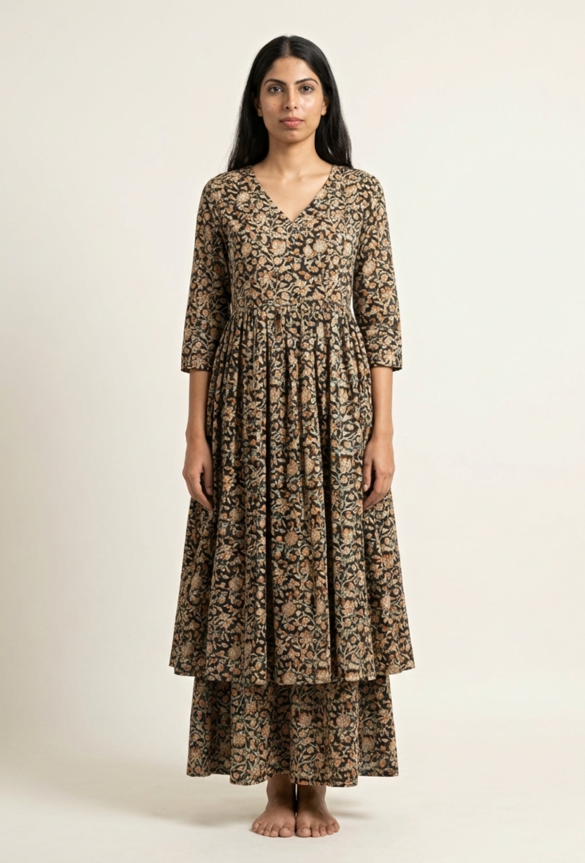 Black and Beige Kalamkari Cotton Kurta (Without Palazzo) サイズ XS