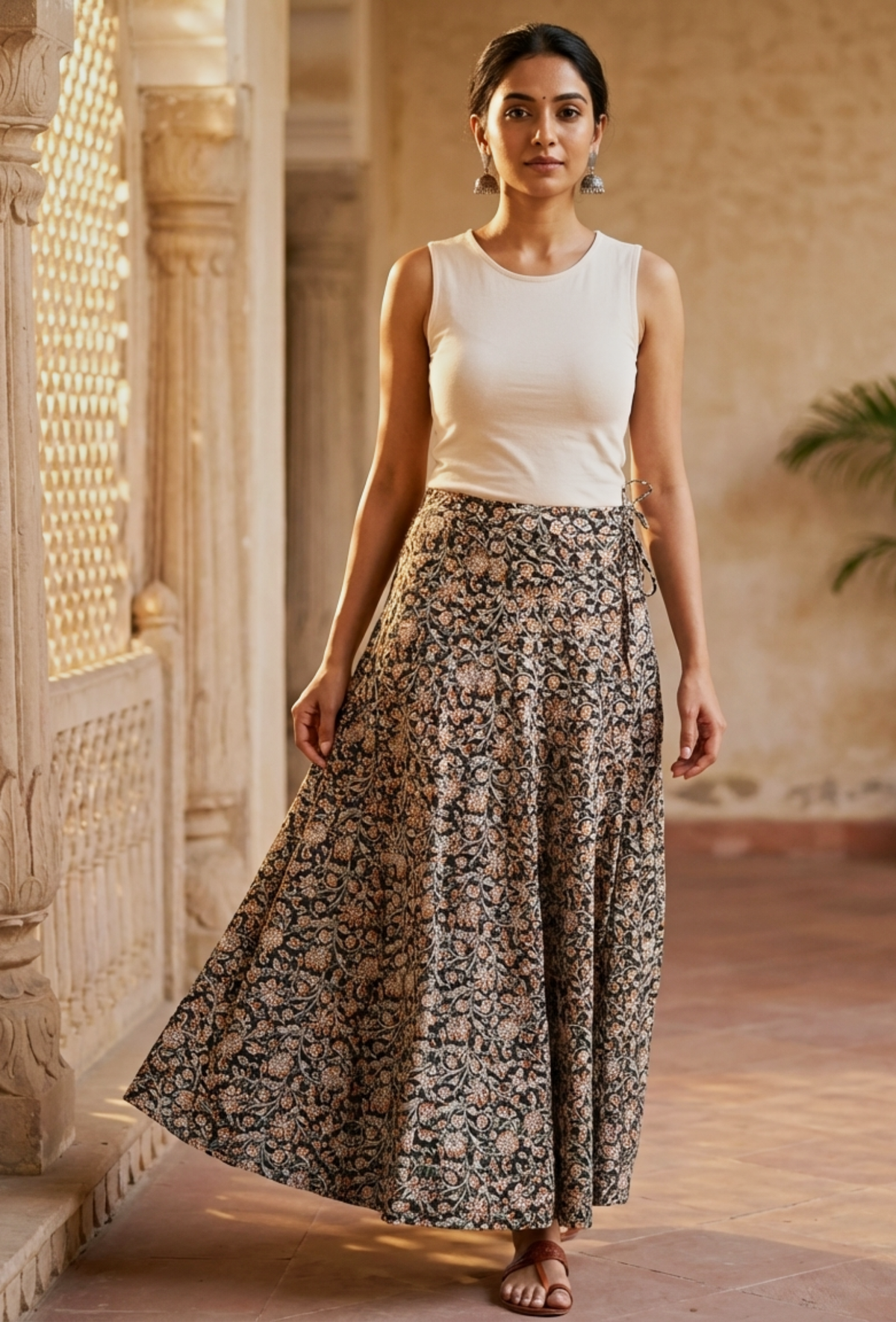 Black and Beige Kalamkari Cotton Skirt サイズ L