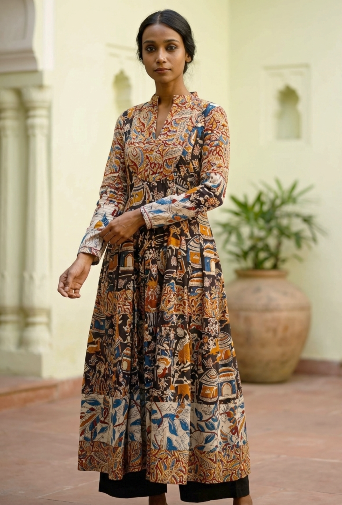 Three Print Kalamkari Cotton Anarkali Kurta サイズ XL