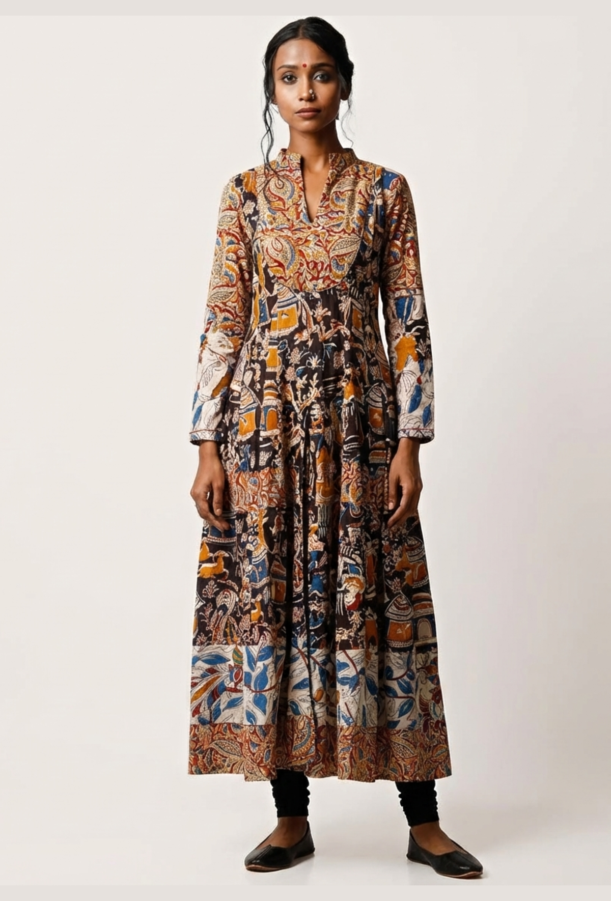 Three Print Kalamkari Cotton Anarkali Kurta サイズ L