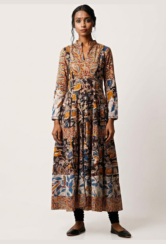Three Print Kalamkari Cotton Anarkali Kurta サイズ M