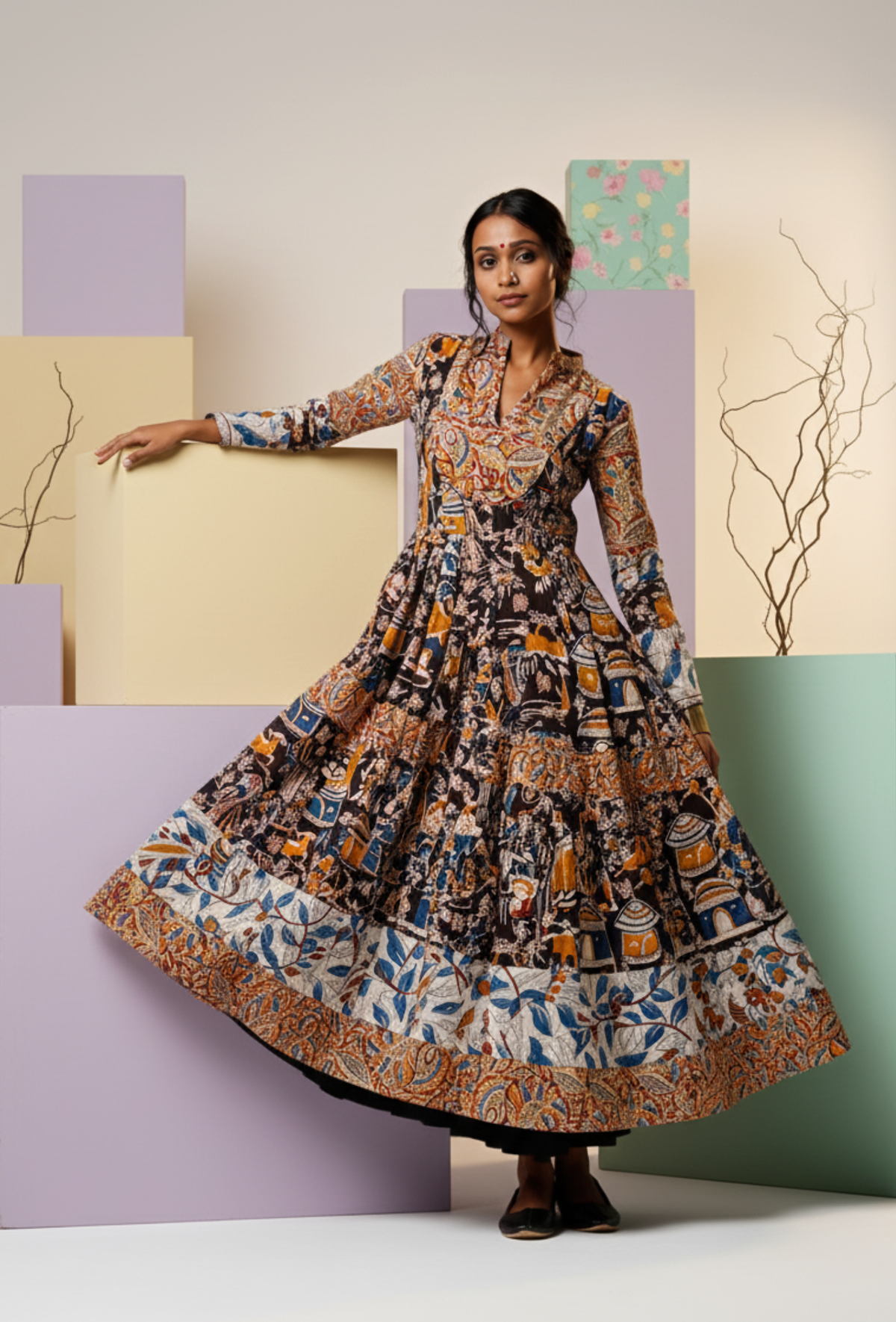 Three Print Kalamkari Cotton Anarkali Kurta サイズ S