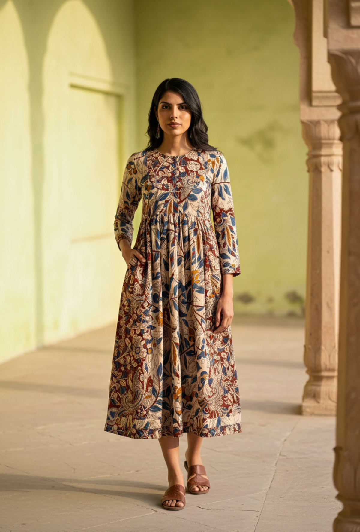 Dual Print Kalamkari Cotton Midi Dress サイズ S