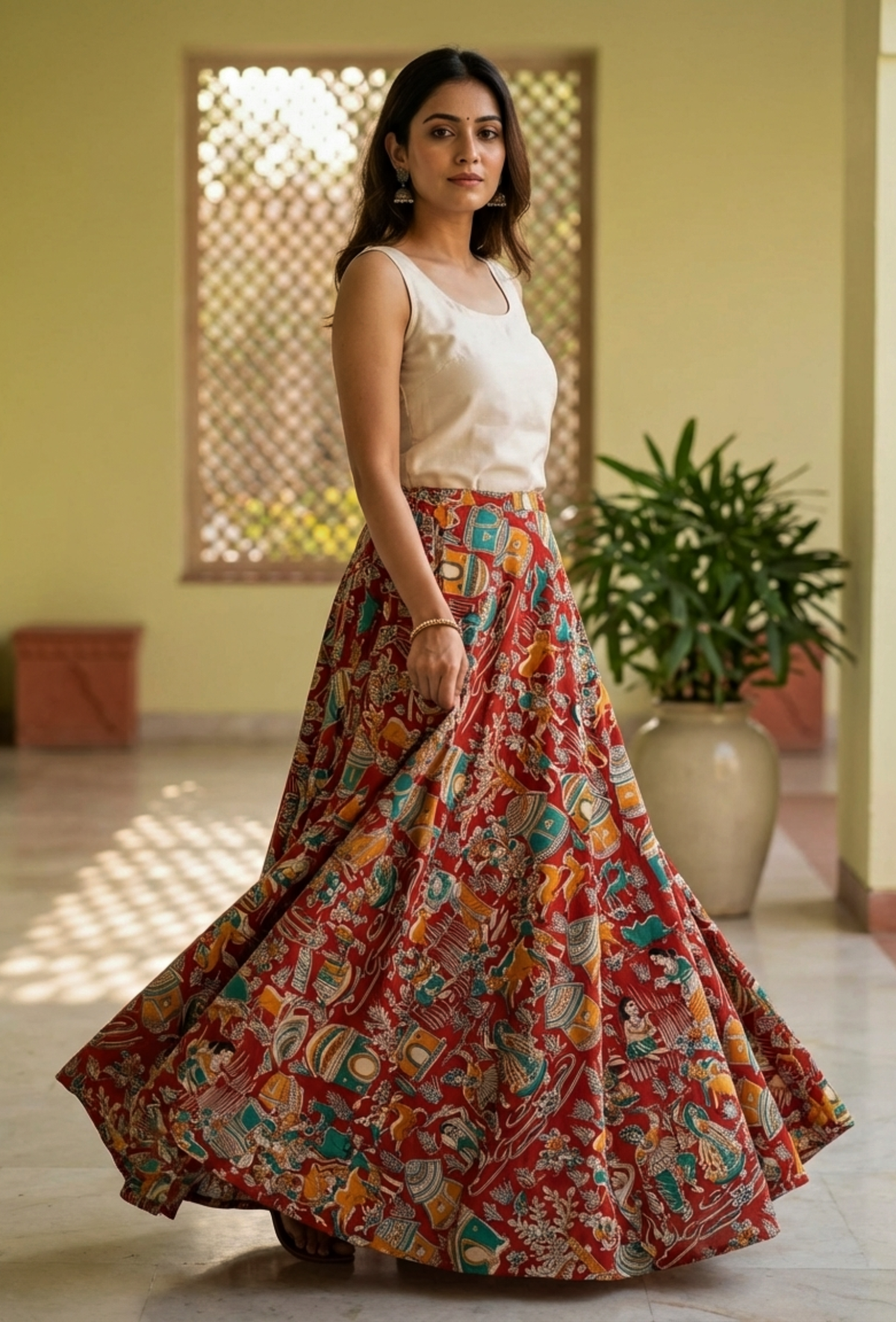 Red Kalamkari Cotton Skirt サイズ XS