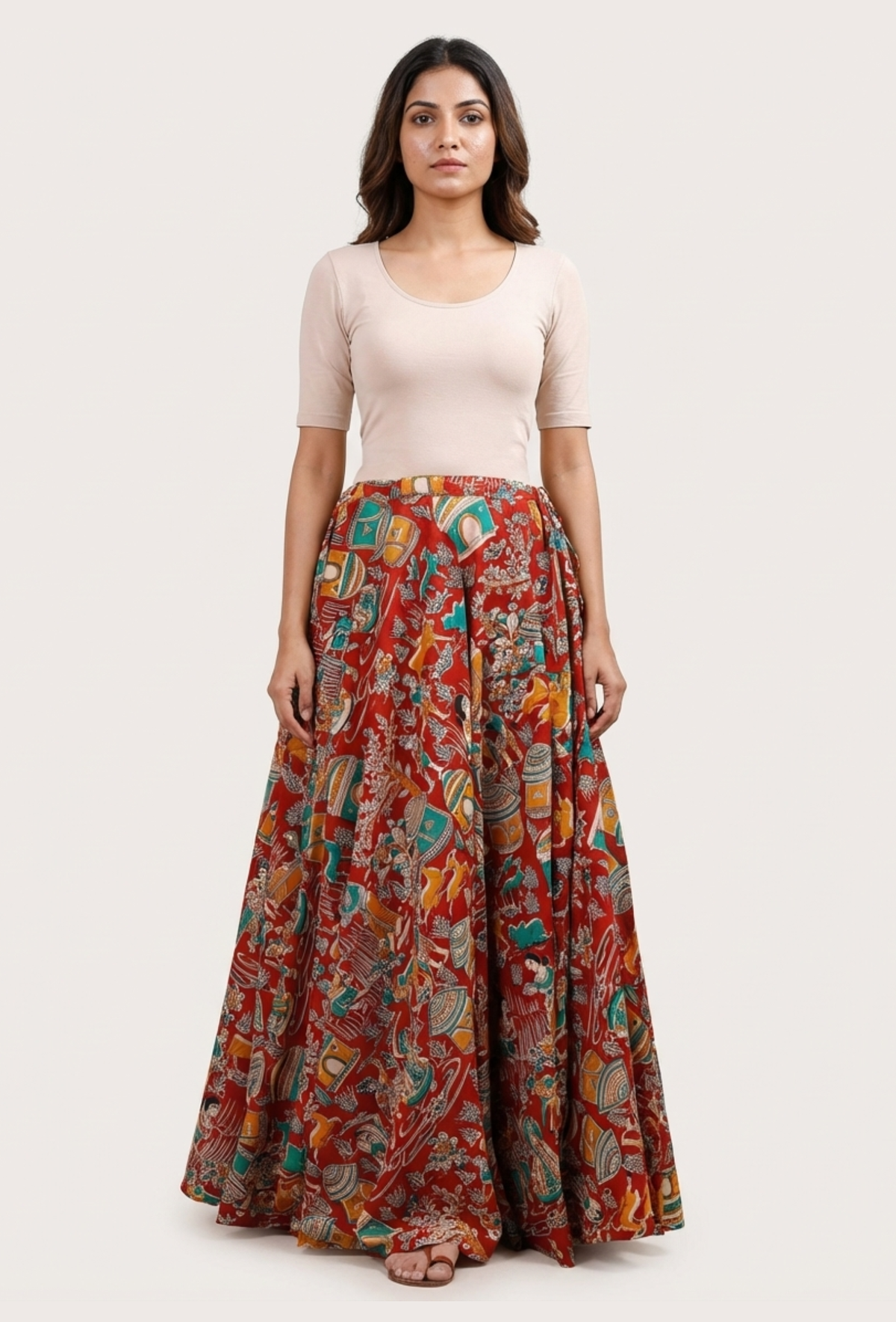 Red Kalamkari Cotton Skirt サイズ XXL