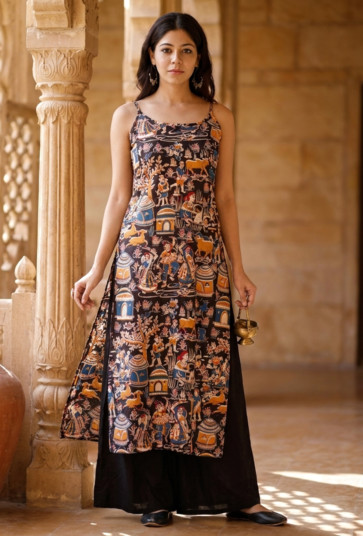 Black Print Kalamkari Slip Kurta サイズ XL