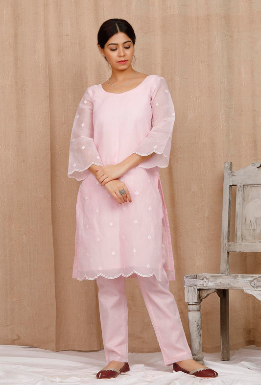 Baby Pink Embroidered Organdy Palazzo サイズ S