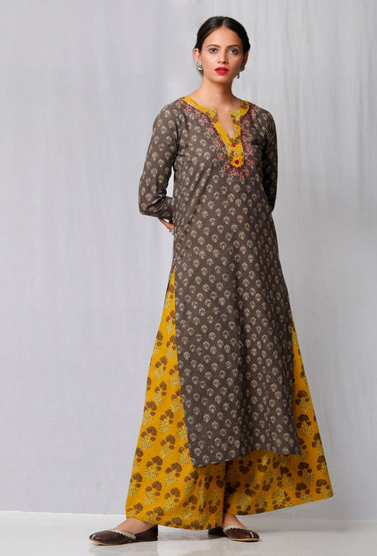 Set of 2: Brown Ajrakh Printed Kurta and Yellow Ajrakh Printed Palazzo サイズ XS