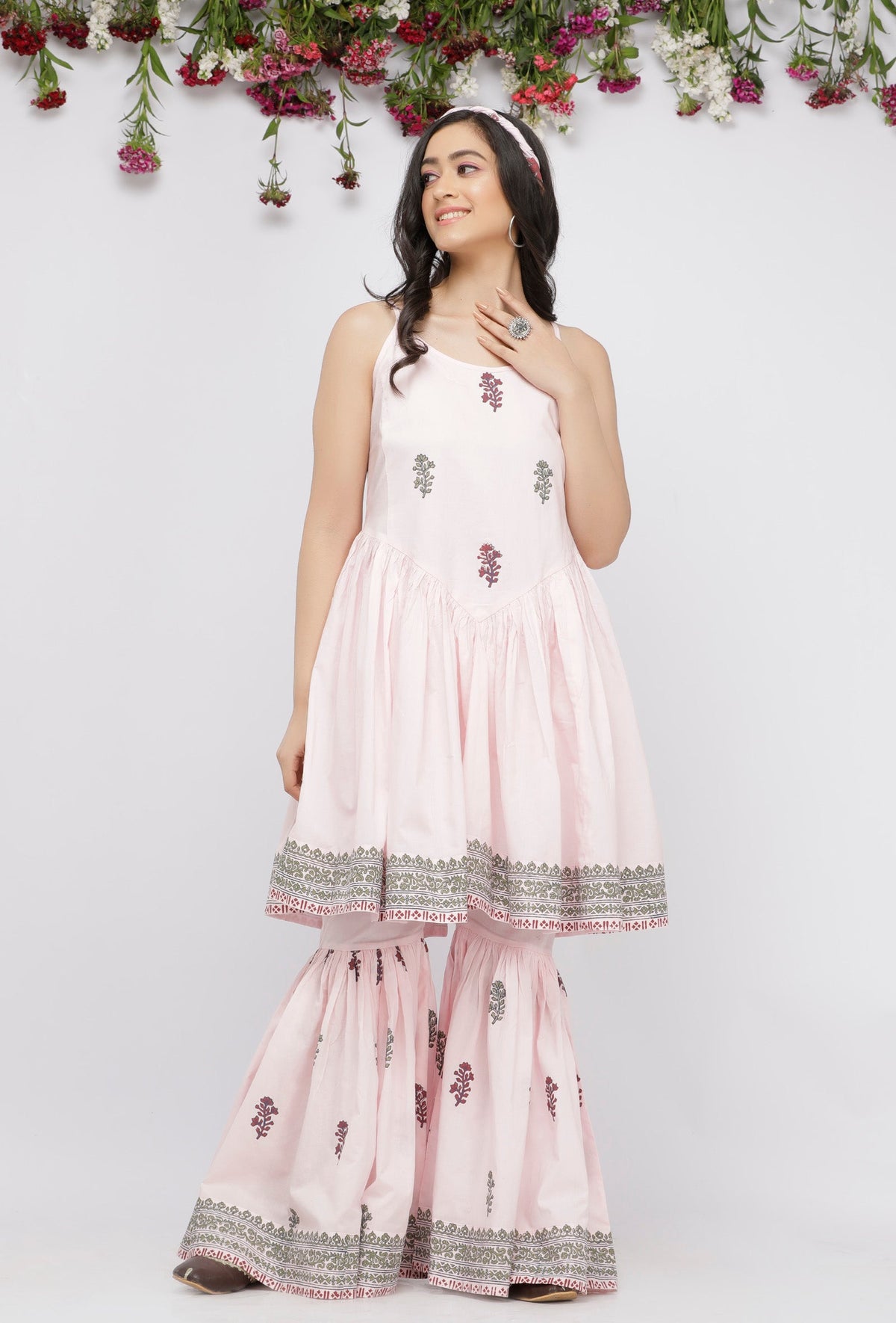Light Pink Short Gathered Hand-Blockprinted Cotton Kurta サイズ S