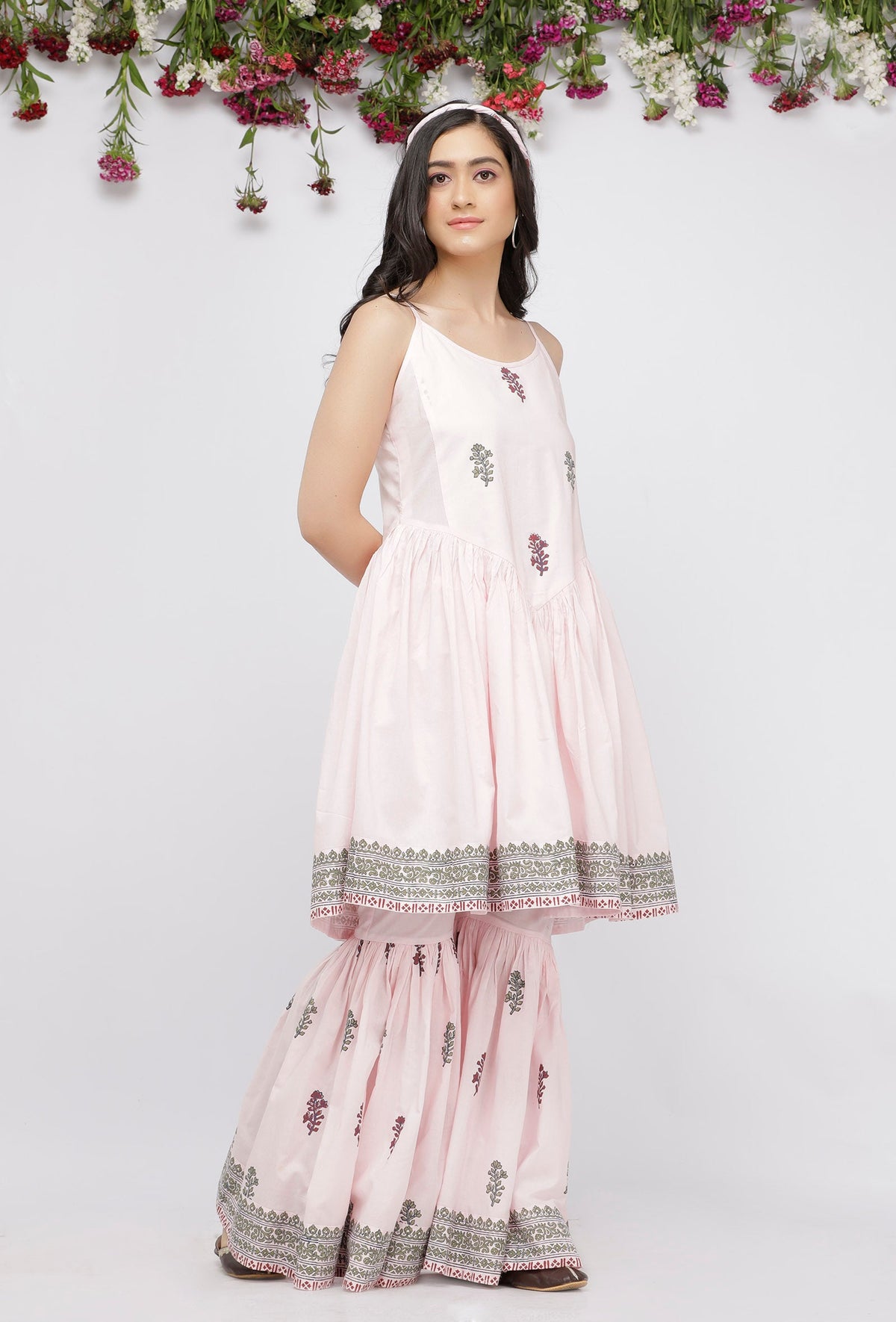 Light Pink Short Gathered Hand-Blockprinted Cotton Kurta サイズ S