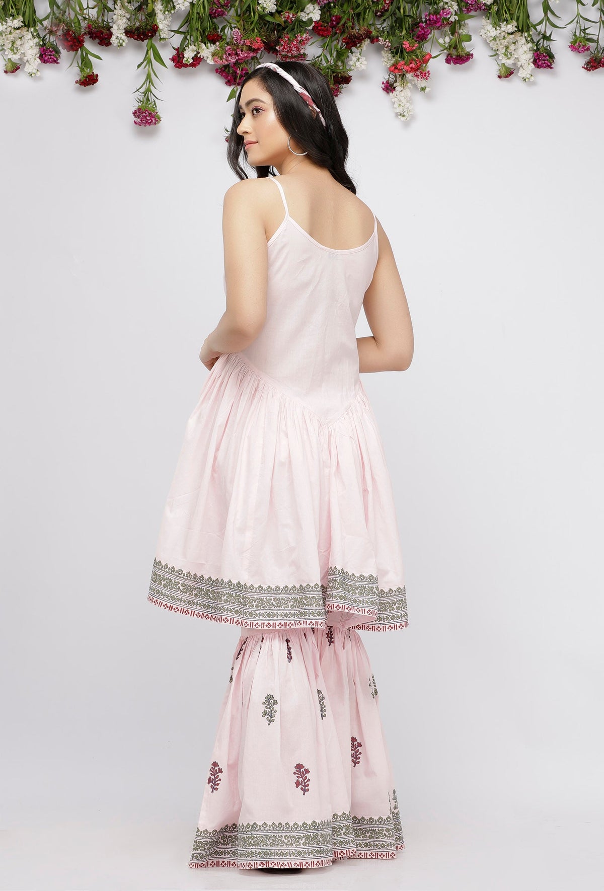 Set of 2: Light Pink Short Cotton Hand-Block Printed Kurta with Cotton Pink Block Printed Sharara サイズ XXXL