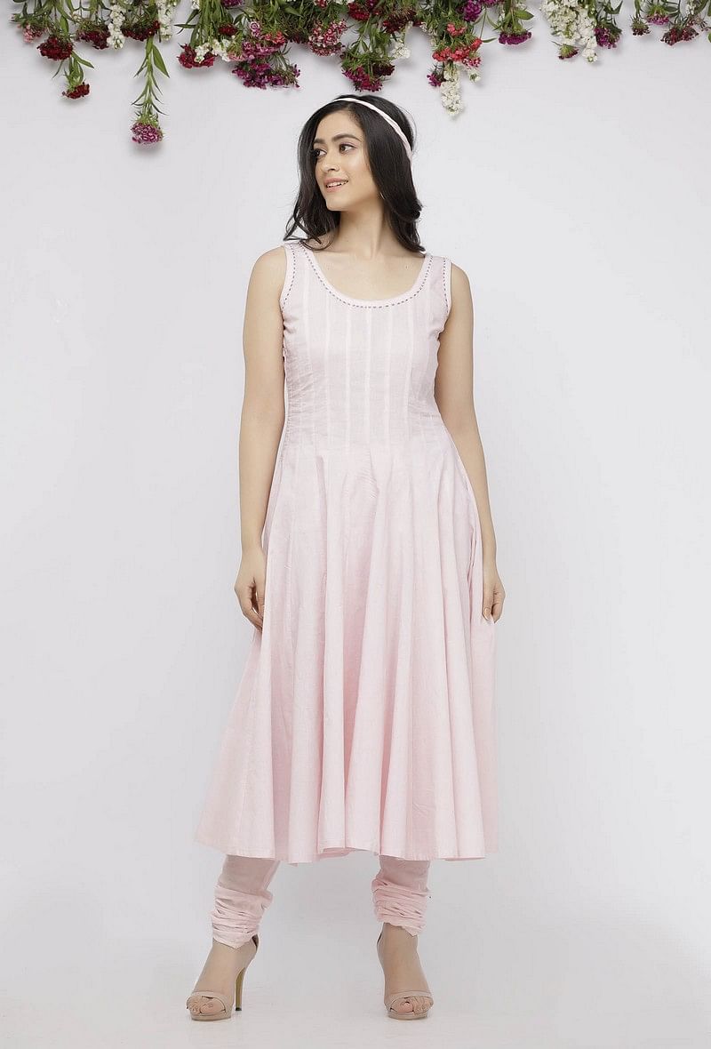 Set of 2: Light Pink Cotton Anarkali Paired with Cotton Chooridar サイズ M