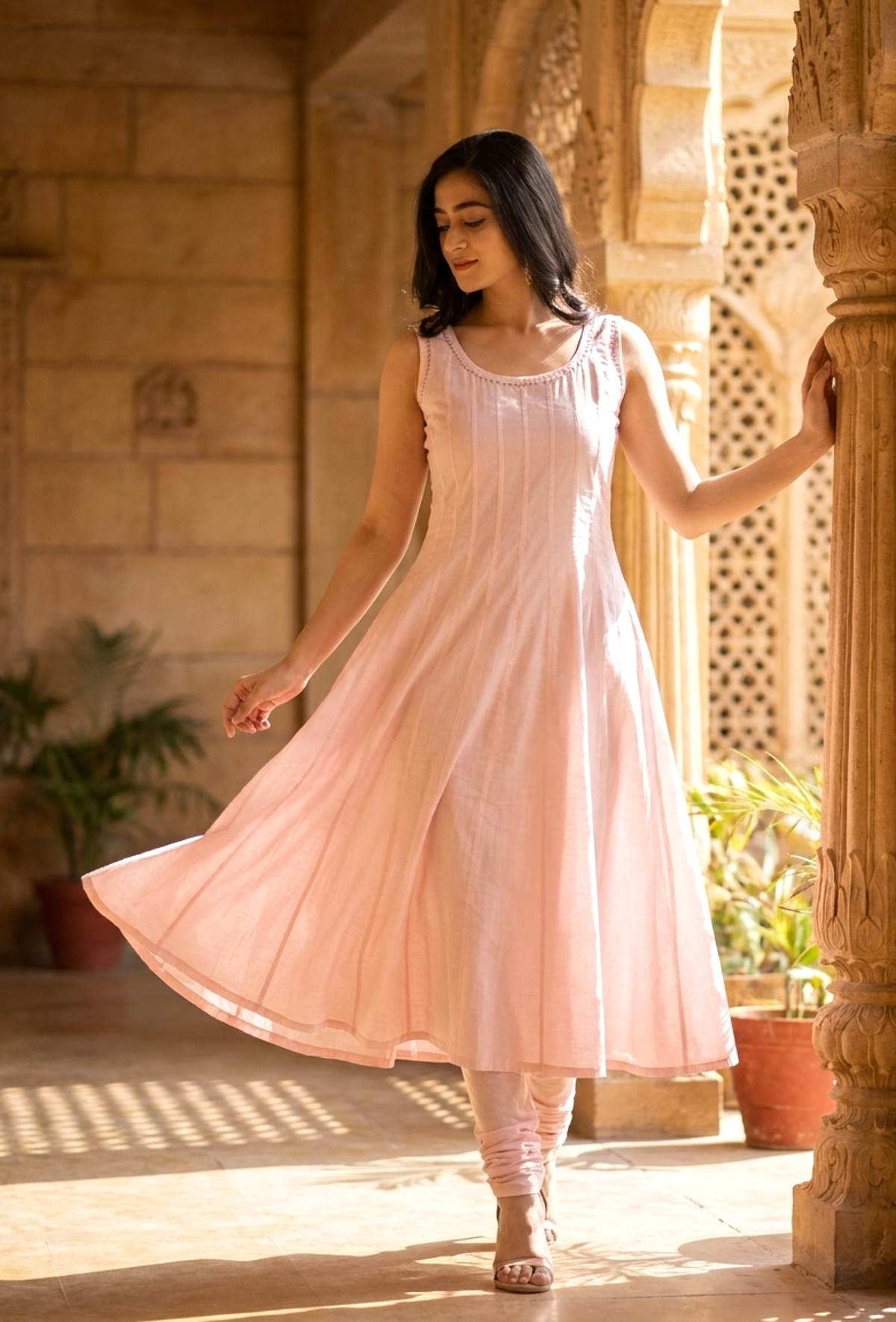 Set of 2: Light Pink Cotton Anarkali Paired with Cotton Chooridar サイズ M
