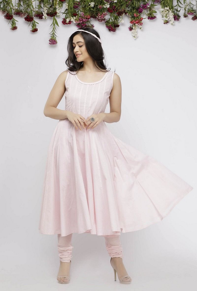Set of 2: Light Pink Cotton Anarkali Paired with Cotton Chooridar サイズ M