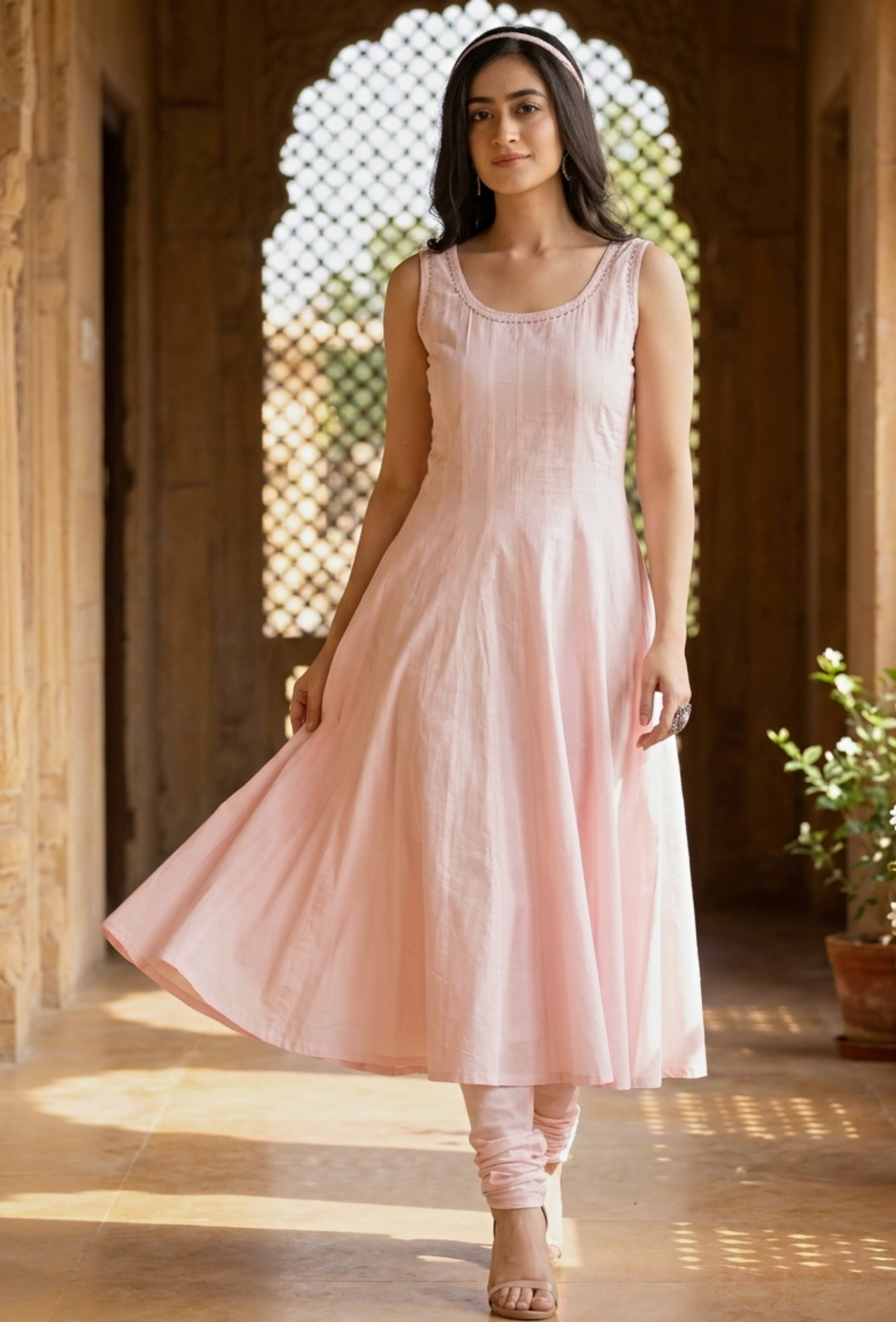 Set of 2: Light Pink Cotton Anarkali Paired with Cotton Chooridar サイズ M